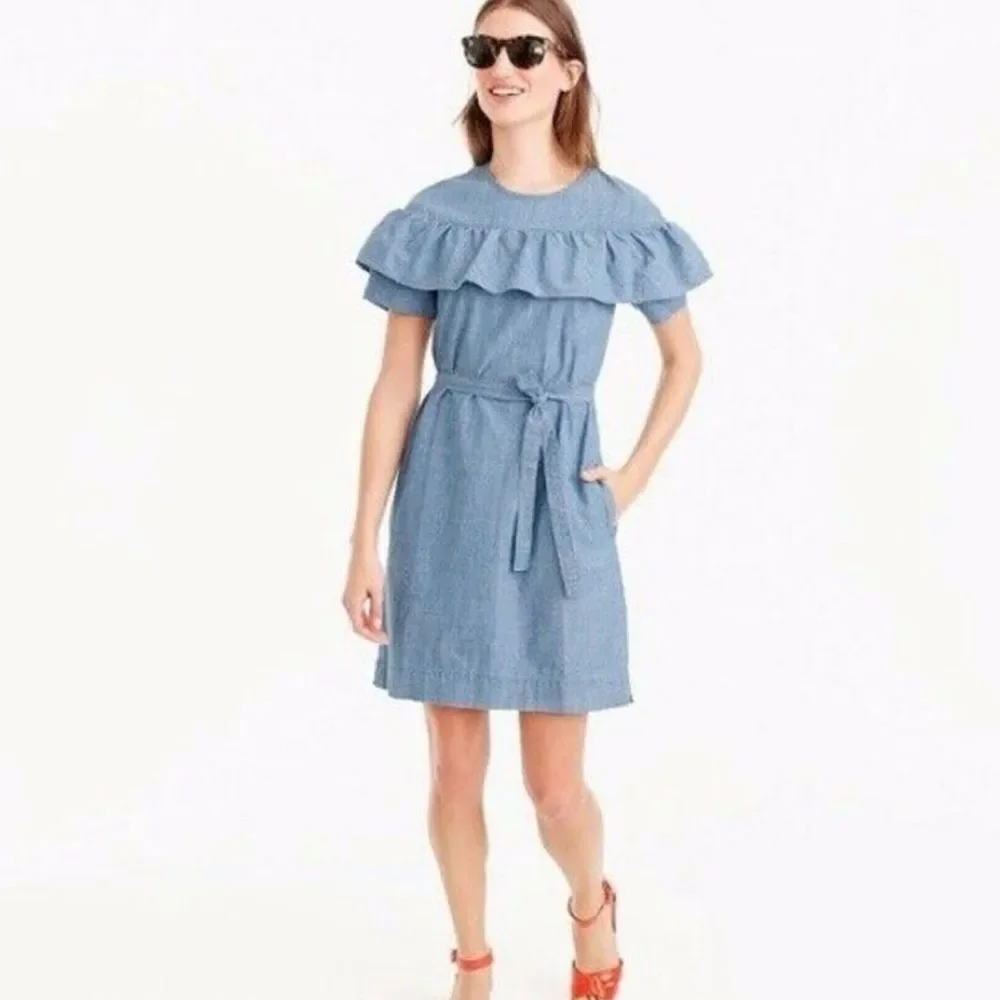 j crew Edie ruffle yoke chambray denim mini sheath dress with belt